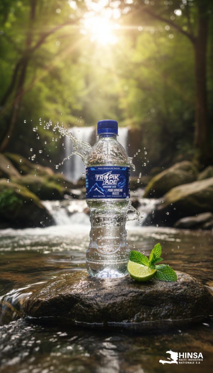 Tropikade bottle on a rock in a Haitian mountain stream